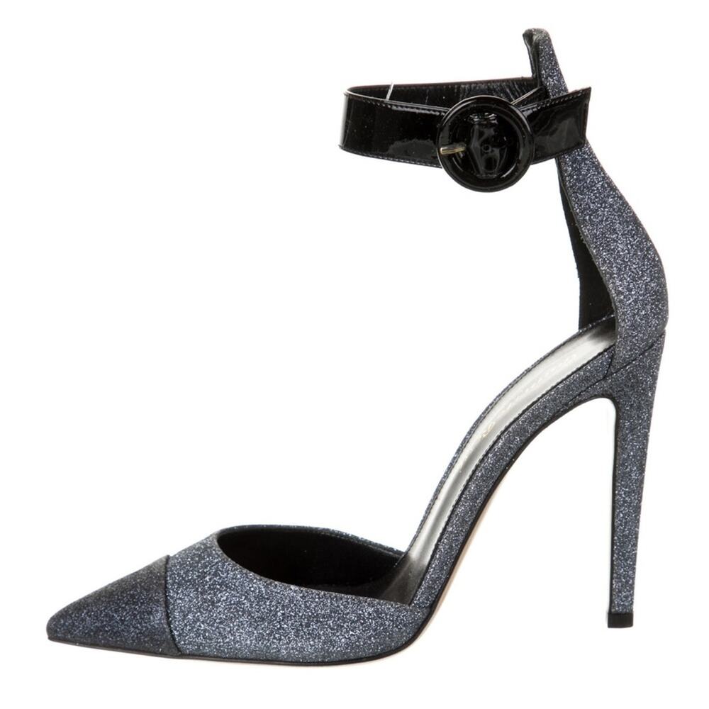 🆕 Gianvitto Rossi Colorblock Glittler Sparkle Silver Ankle Strap‎ Pumps Size 37
